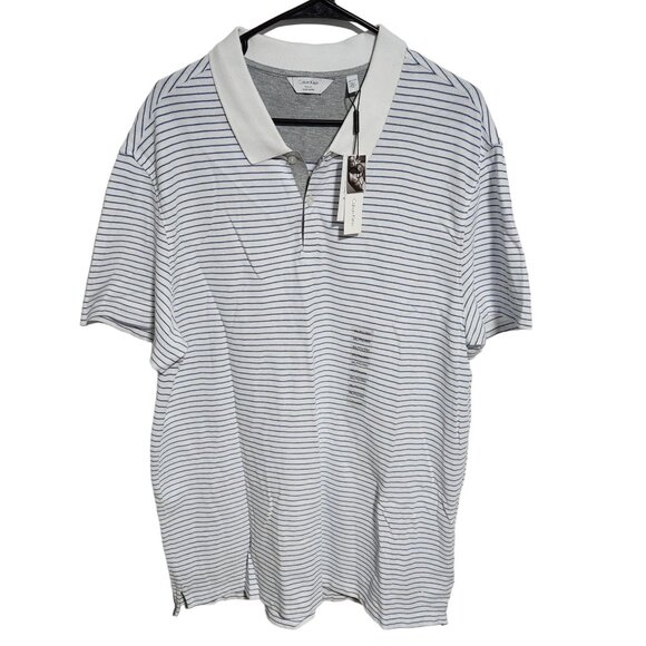 Calvin Klein Polo Shirt Mens Size XXL White Blue Striped Short Sleeve Golf Top - Picture 1 of 5